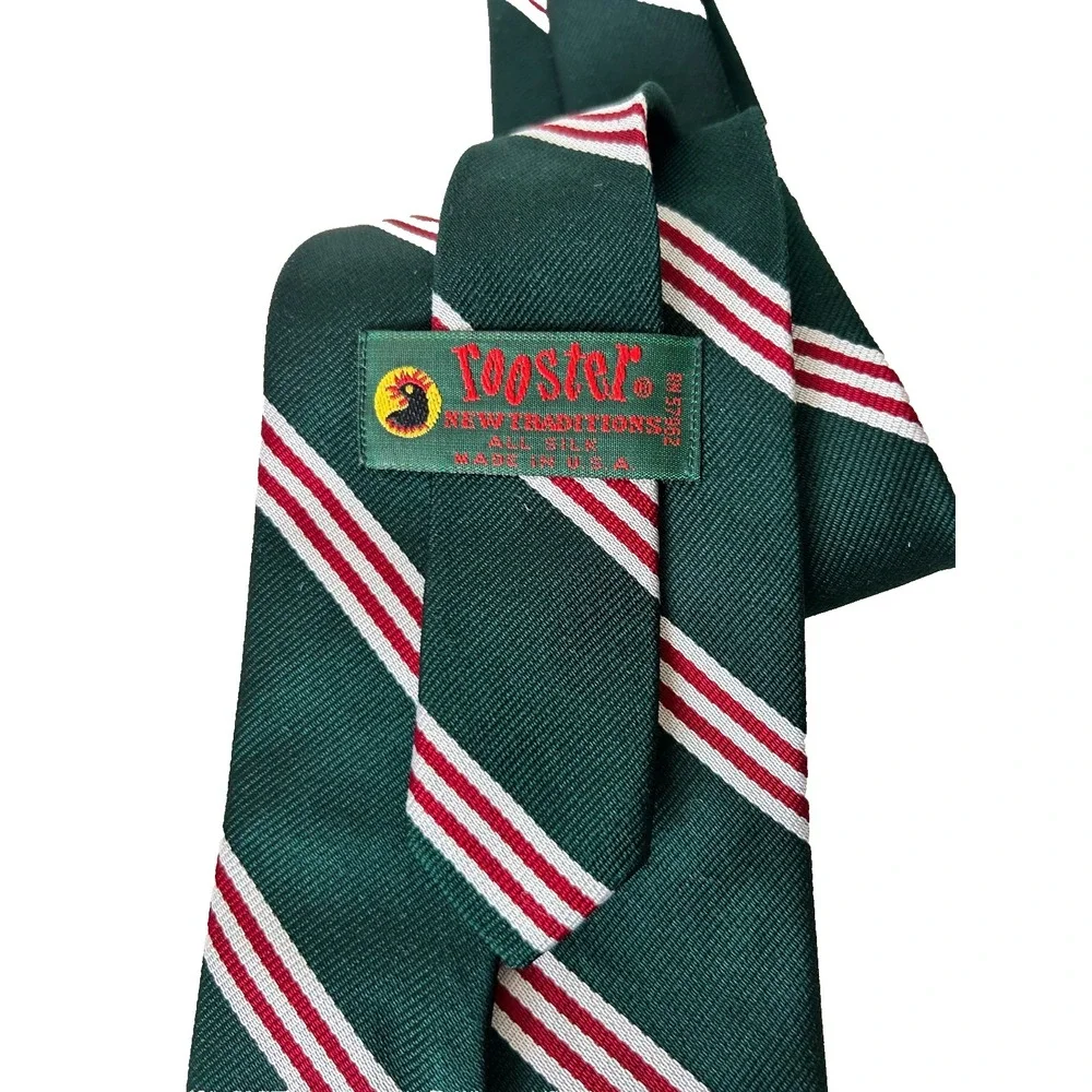 Vtg Rooster Silk Tie Green Burgundy White Regimental Stripe Ivy Preppy USA
